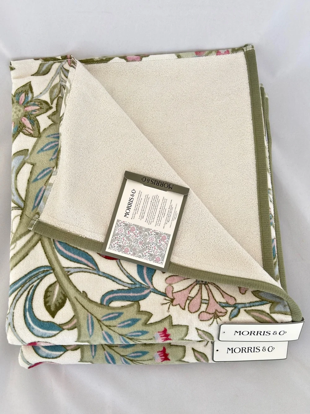NWT Morris & Co Botanical Cotton Velour Bath Towels Set of 2 Pink Green Floral